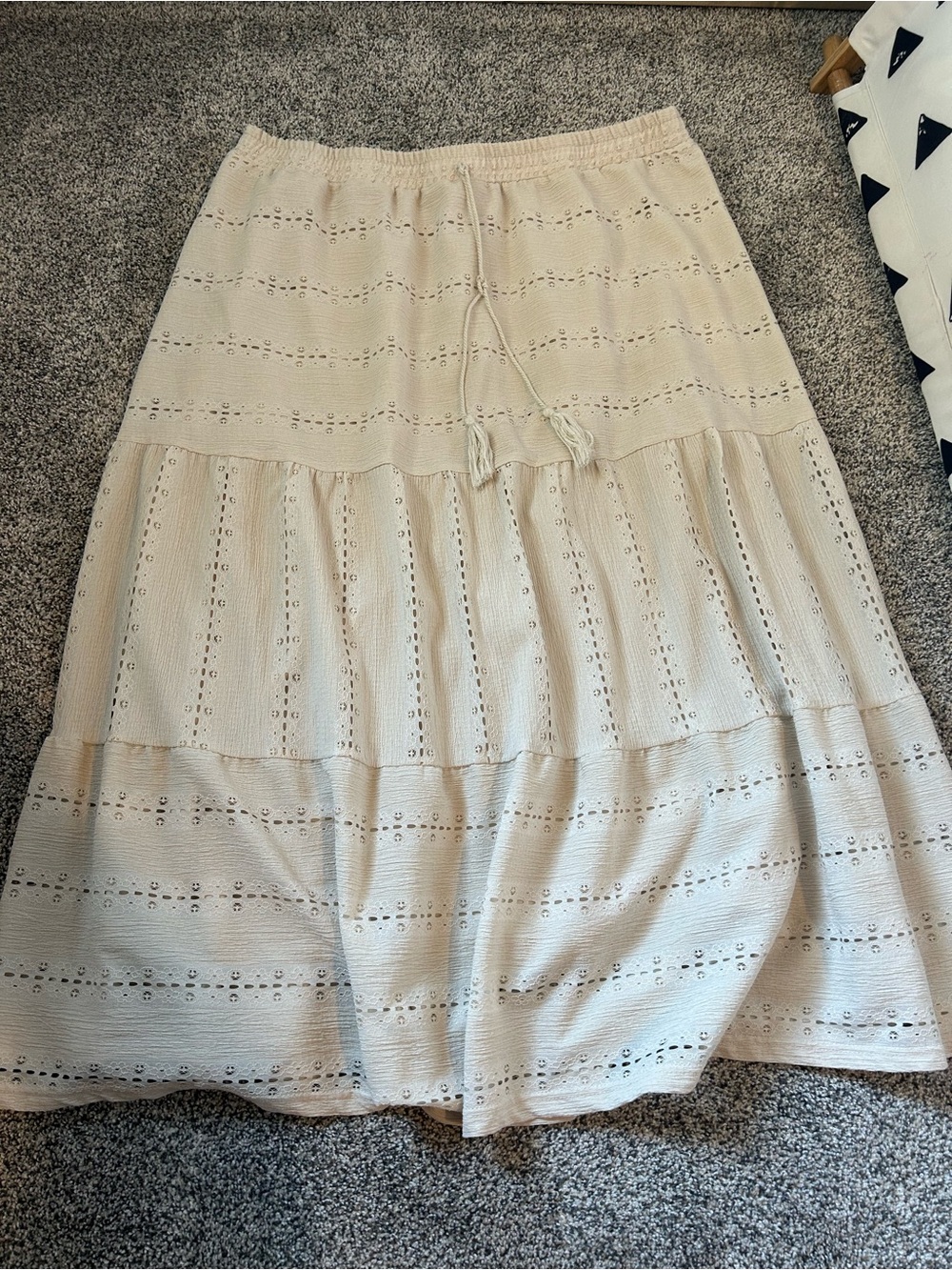 Cato Cream Eyelet Tiered Maxi Skirt with Tassel Drawstring